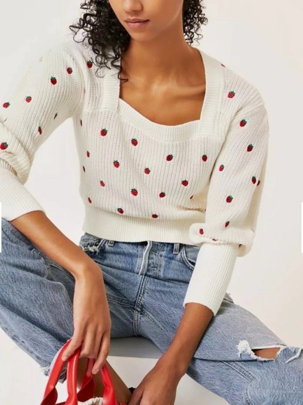Maeve Strawberry Embroidered Square Neck Sweater Cream & Red Small